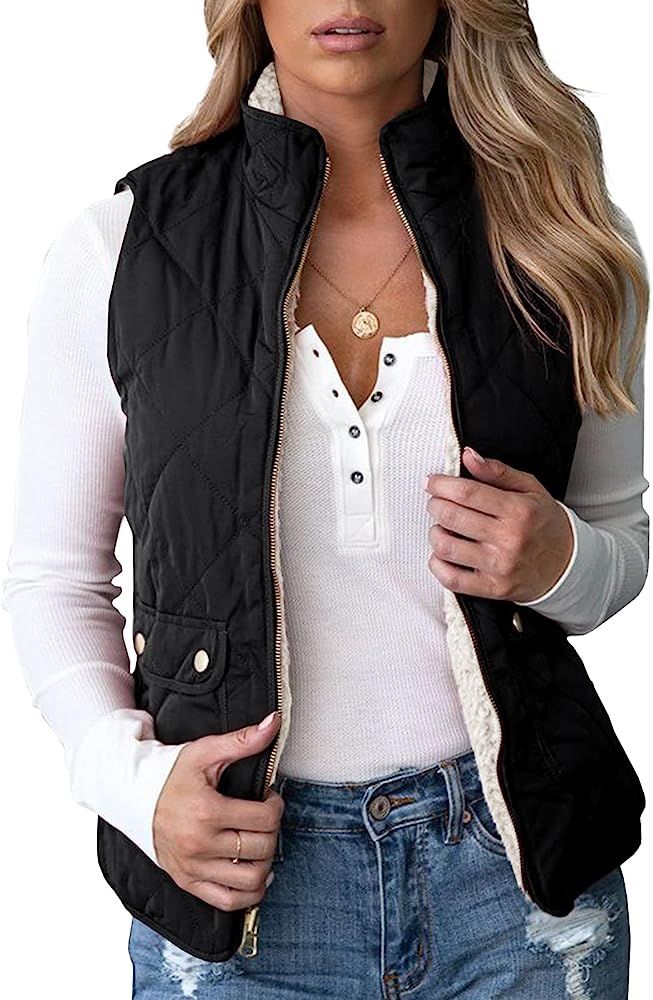 Valphsio Women's Reversible Sherpa Vest Quilted Zip Fleece Padded Gilet with Pockets | Amazon (US)