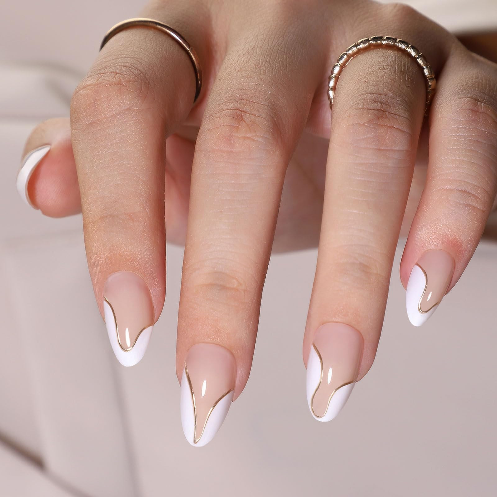 Soft Gel Press on Nails Almond - Designed French Tips Press on Nails Short with Gold Foil for Wom... | Amazon (US)