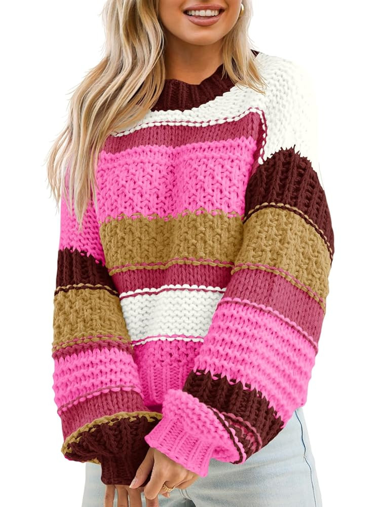 Saodimallsu Womens Color Block Sweater Striped Chunky Knit Cropped Sweaters Crewneck Fall Long Sl... | Amazon (US)