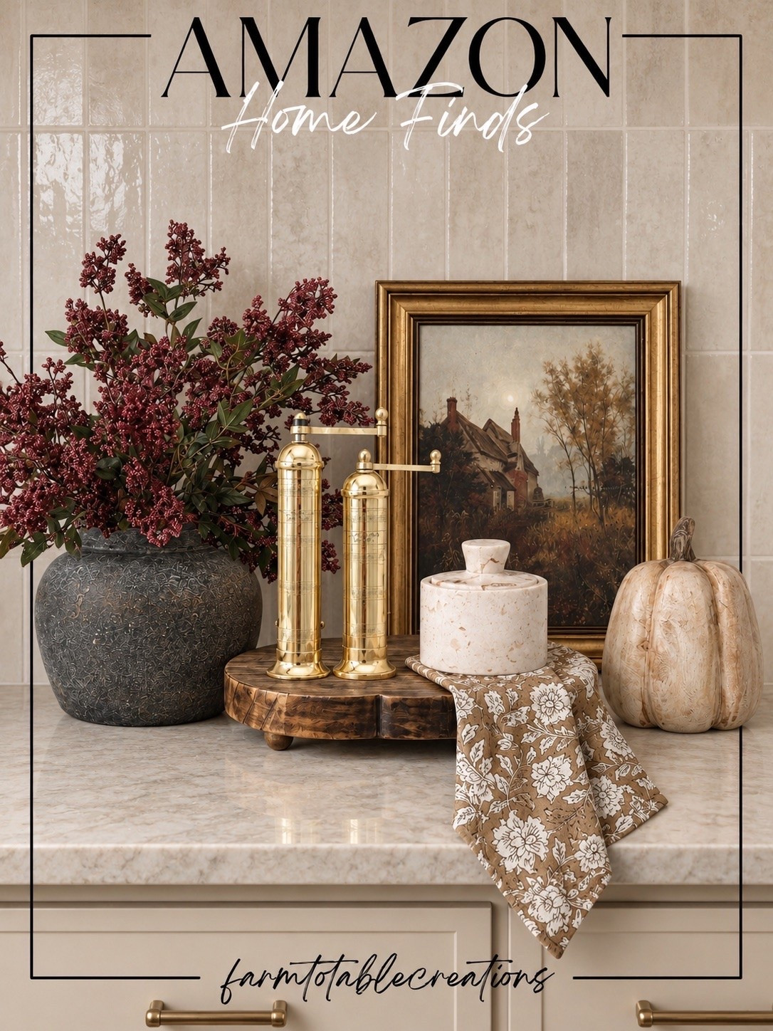 Amazon Fall Counter Styling 🍂 Warm, collected and perfect for fall! I love mixing rich brass details, vintage-inspired artwork, seasonal stems and cozy textures to create an easy kitchen counter moment that feels timeless for the season.

#AmazonHome #AmazonFinds #AmazonHomeFinds #FallDecor #FallKitchenDecor #KitchenCounterDecor #FallStyling #KitchenDecor #AutumnDecor #NeutralHome

#LTKHome #LTKSaleAlert #LTKSeasonal