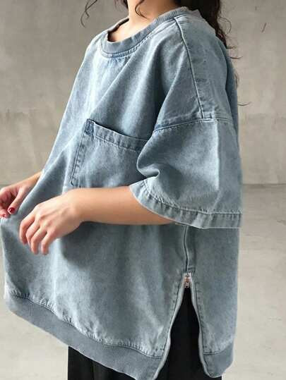 Dazy Plus Plus Size Light Washed Blue Round Neck Pullover Denim Top With Pockets And Zipper Hem D... | SHEIN