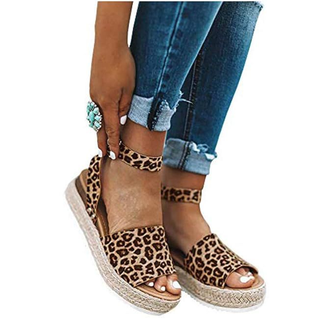 Womens Open Toe Espadrille Ankle Strap Boho Lace Up Rivet Flatform Sandals | Amazon (US)