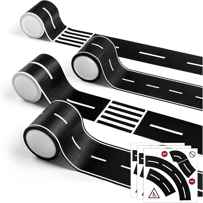 HFKPJRT Removable Toy Car Road Tape Stickers for Kids, 4 Rolls Roadway Tape with Curves, Black Re... | Amazon (US)