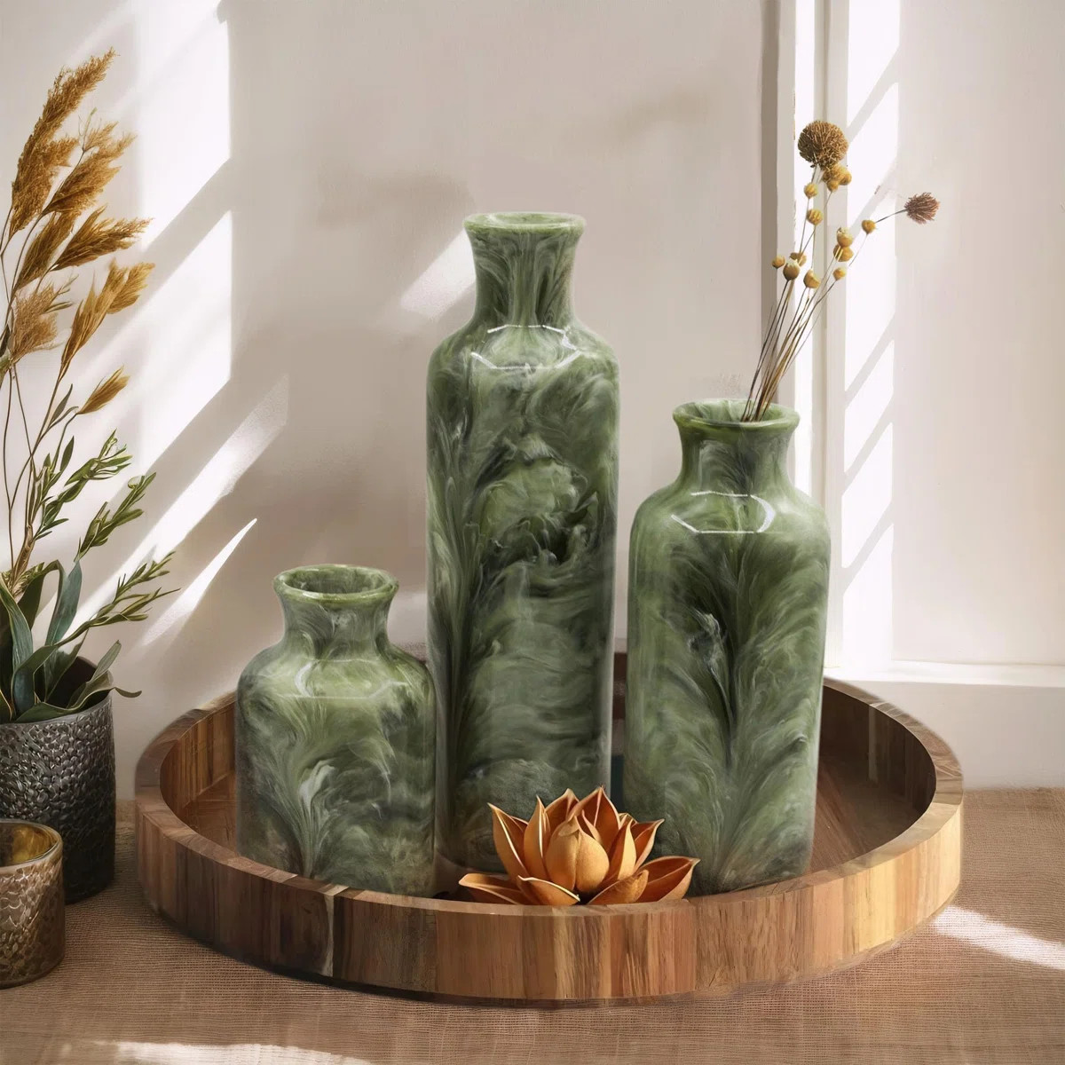 Rustic Farmhouse 3-piece Green Resin Vase Set | Wayfair North America