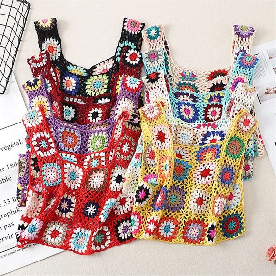 Hand Made Granny Square Crochet Knitted Vest Tank Top Hippie - Etsy | Etsy (US)