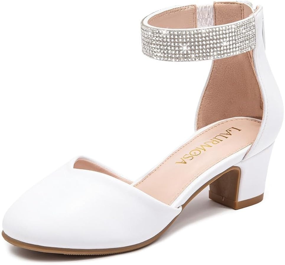 Girls Dress Shoes with Rhinestone Ankle Strap Closed Toe High Heels for Little Big Kids Wedding P... | Amazon (US)