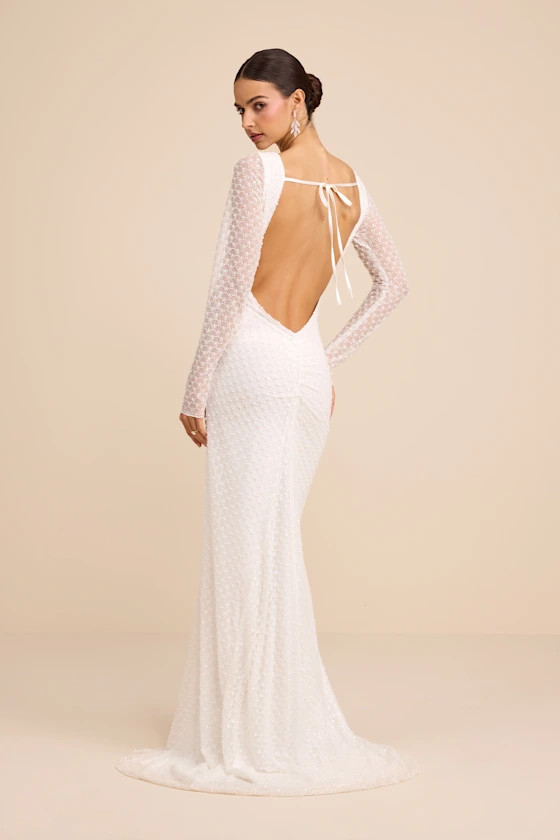 Mariani White Sequin Beaded Backless Long Sleeve Maxi Dress | Lulus