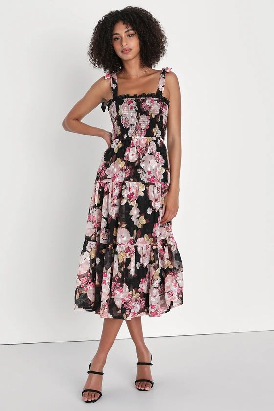Wowing Wonder Black Floral Jacquard Smocked Tiered Midi Dress | Lulus