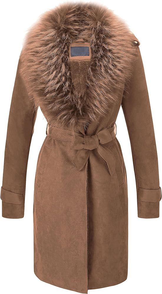Bellivera Women Faux Leather Trench Coat Fleece-Lined Mid-length Jacket with Detachable Fur Colla... | Amazon (US)