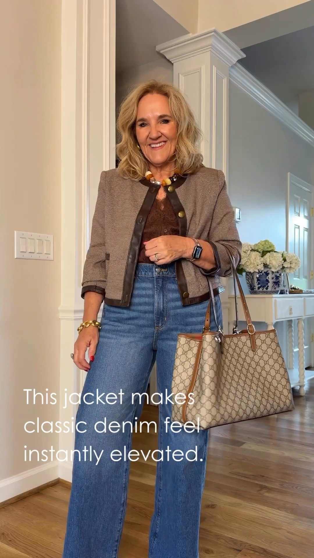 That little houndstooth jacket has such beautiful detailing, especially the faux leather trim! I'm wearing a medium petite in the jacket, a medium in the lace blouse, and a 29 petite in the wide-leg jeans.