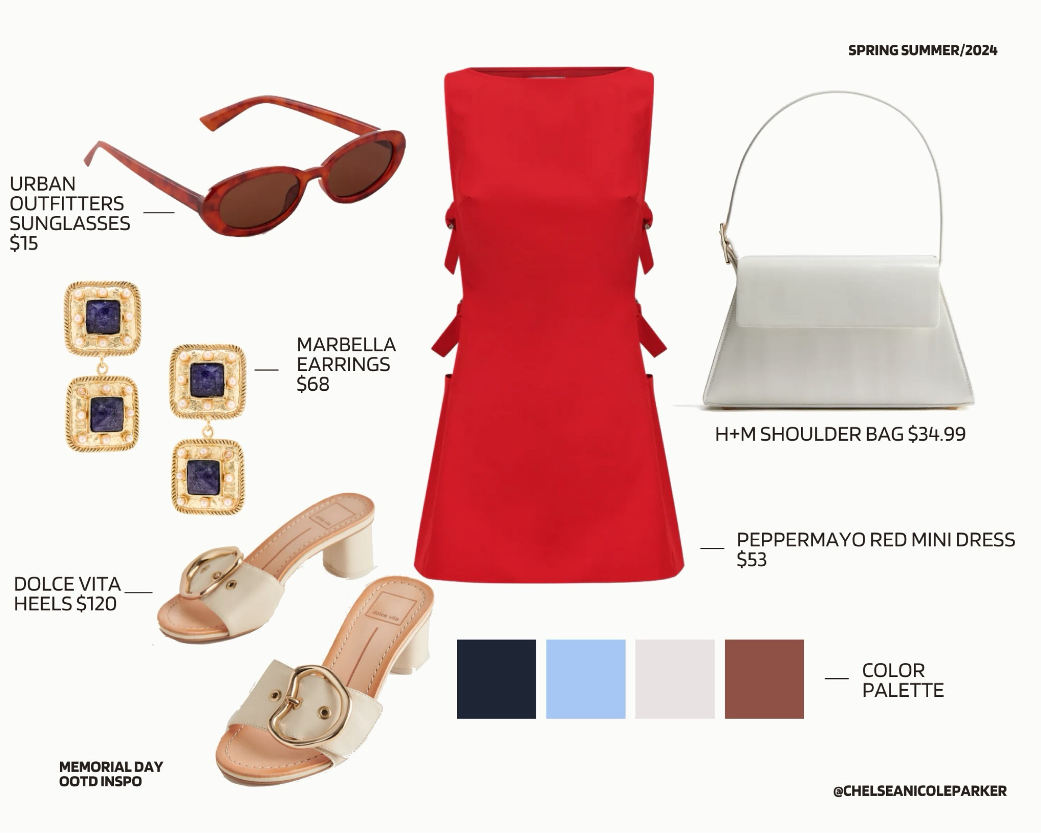 Peppermayo Red Buckle Cut Out Mini Dress + H&M White Shoulder Bag + Urban Outfitters Red Le Specs Dupe Sunglasses + Blue and Gold Rectangle Drop Dangle Marbella Earrings + Dolce Vita White Heart Buckle Heels Mules Sandals - Memorial Day Weekend / Summer Outfit / Date Night / Graduation Dress / 4th of July / Red White Blue OOTD Inspo

#LTKSeasonal #LTKFindsUnder50 #LTKFindsUnder100
