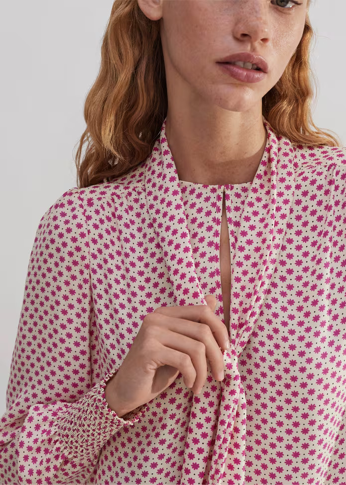 Silk Daisy Polka Dot Print Pussybow Blouse Silk | ME+EM US