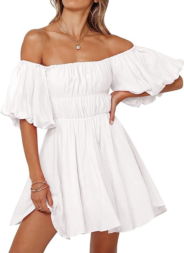 MIHOLL Womens Summer Sexy Off Shoulder Puff Sleeve Ruffled Casual Mini Dress | Amazon (US)