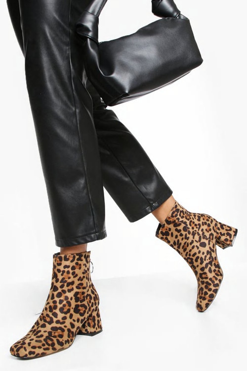 Zip Detail Leopard Low Block Heel Boots | Boohoo.com (US & CA)