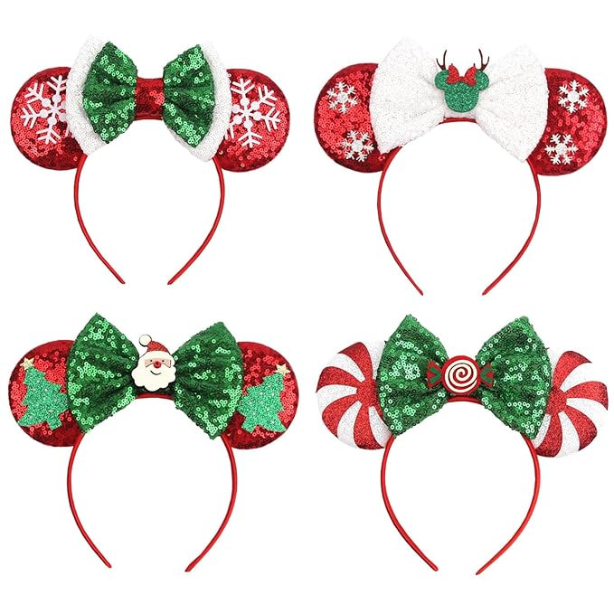 LSHDXD 4pcs Glitter Sequins Headbands for Women - Christmas Snowflake, Mouse Ears, Bow, Hair Hoop... | Amazon (US)