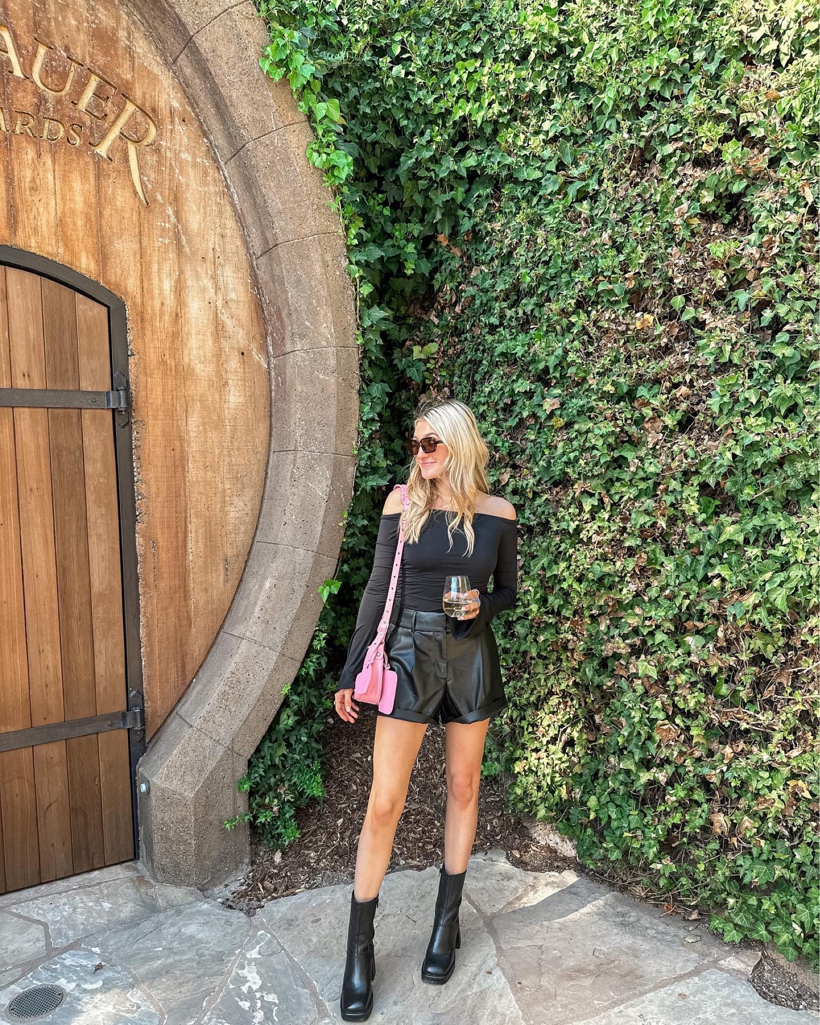 Fall Napa Winery Outfit. Pink purse, black booties, leather shorts

#LTKSeasonal #LTKunder100 #LTKshoecrush