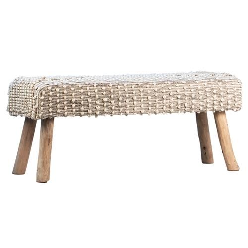 Radda Rustic Lodge White Upholstered Wool Brown Wood Bench | Kathy Kuo Home