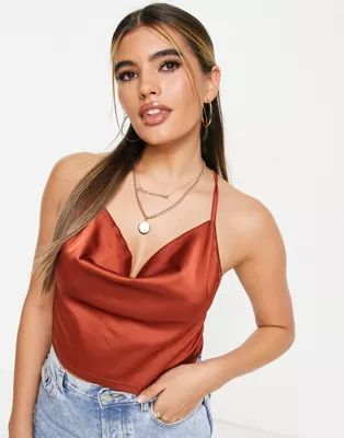 Parisian satin cami strap top with cowl neck in rust | ASOS (Global)