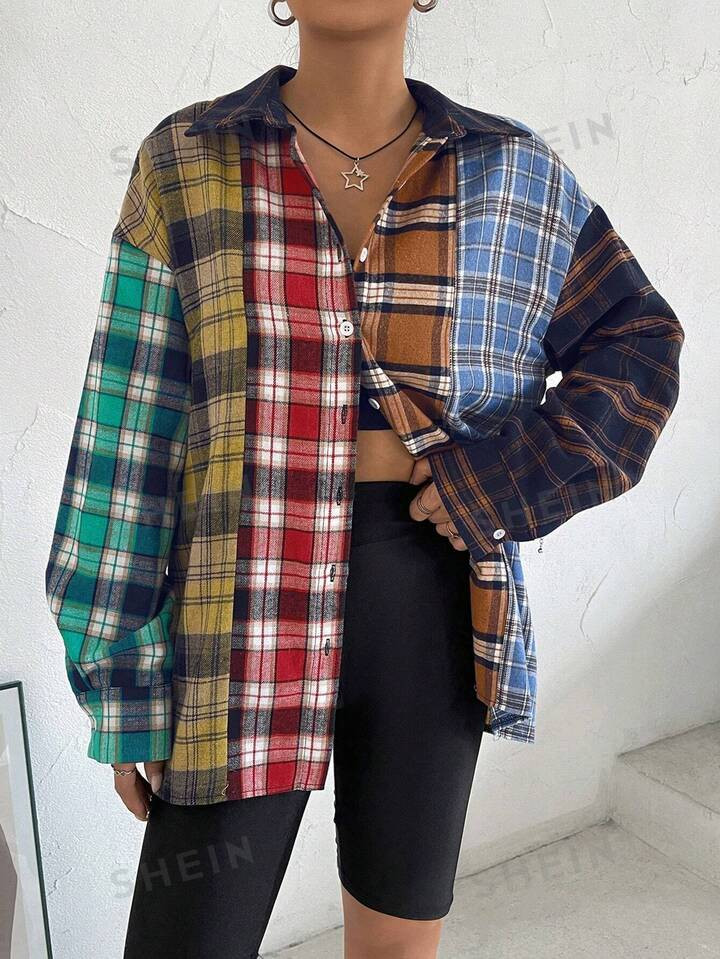 SHEIN EZwear Plaid Print Drop Shoulder Colorblock Shirt | SHEIN