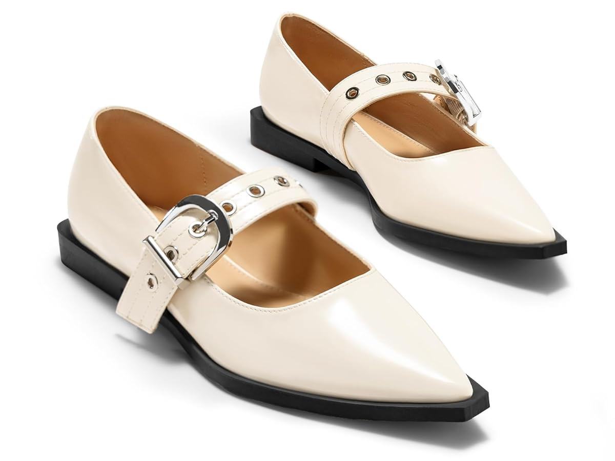 Coutgo Womens Mary Jane Flats Closed Pointed Toe Ballet Flat Studded Metal Adjustable Buckle Dres... | Amazon (US)