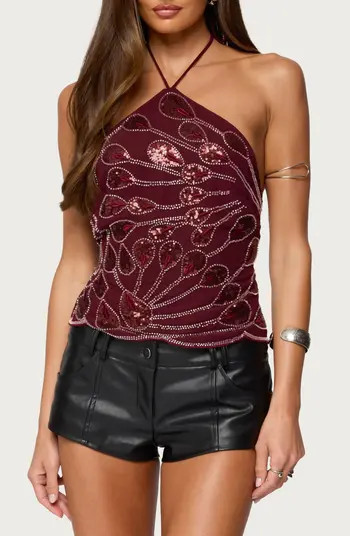 Beaded Sequin Open Back Halter Top | Nordstrom