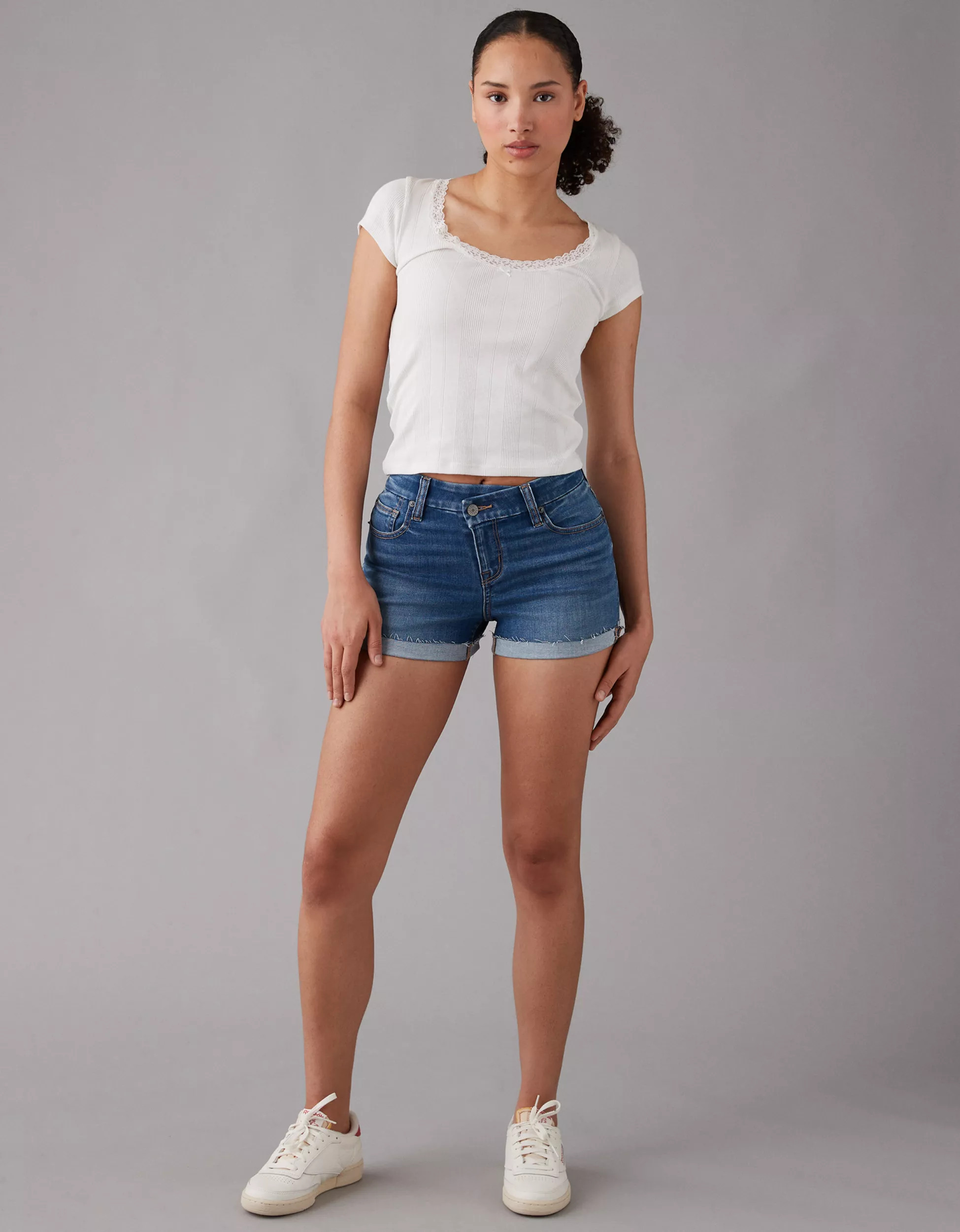 AE Next Level Curvy High-Waisted Crossover Denim Short Short | American Eagle Outfitters (US & CA)