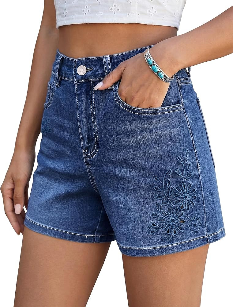 luvamia Jean Shorts for Women High Waisted Eyelet Embroidered Mid Thigh Wide Leg Stretchy Denim S... | Amazon (US)