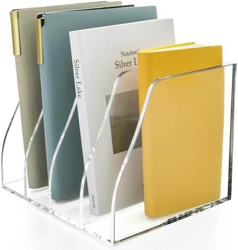 Acrylic Magazine File Holder, 4 Vertical Compartments Desk Document Sorter Organizer, Clear Folde... | Amazon (US)