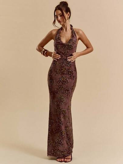 SHEIN BAE Autumn/Winter Solid Brown Textured 3D Rose Floral Flocked Draped Neck Slim Fit Extra Lo... | SHEIN