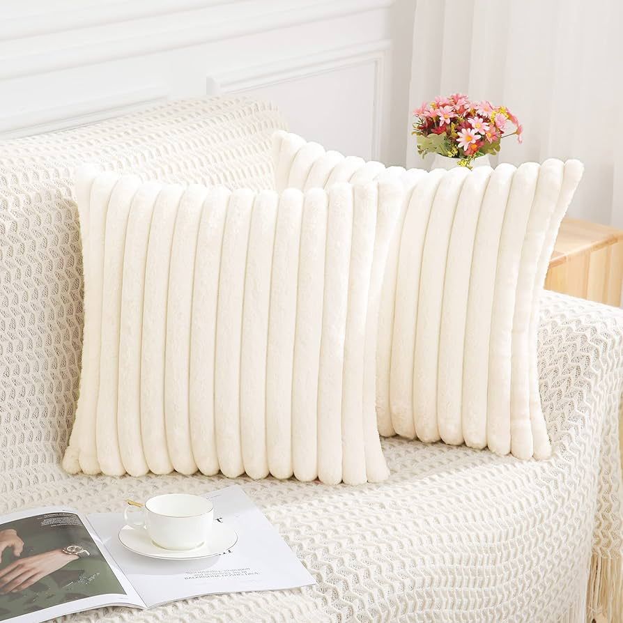 Pallene Faux Fur Plush Throw Pillow Covers 18x18 Set of 2 - Luxury Soft Fluffy Striped Decorative... | Amazon (US)