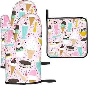 Sweet Ice Cream Oven Mitts and Pot Holders Sets, Sets of 3 Kitchen Cooking Heat Resistant Non-Sli... | Amazon (US)