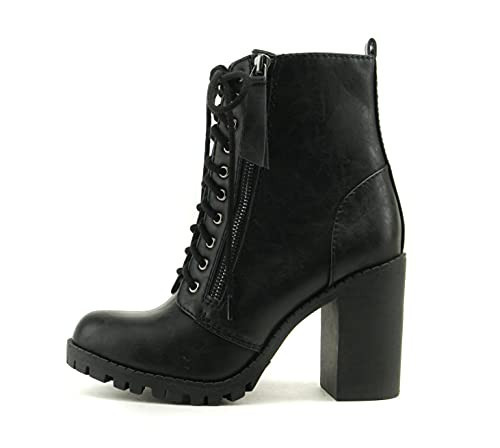 Soda Malia Round Toe Stacked Lug Heel Lace Up Ankle Booties (Black (PU), numeric_11) | Amazon (US)