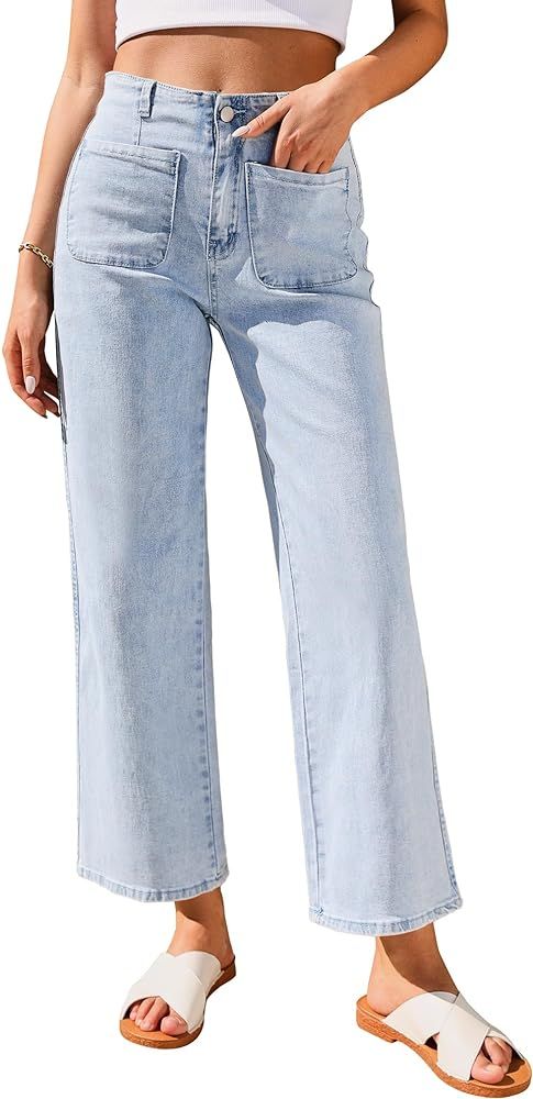 GRAPENT Wide Leg Jeans for Women High Waisted Straight Leg Stretchy Cropped Denim Pants with Pock... | Amazon (US)