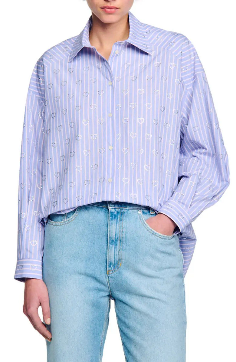 sandro Valentine Stripe Rhinestone Heart Cotton Button-Up Shirt | Nordstrom | Nordstrom