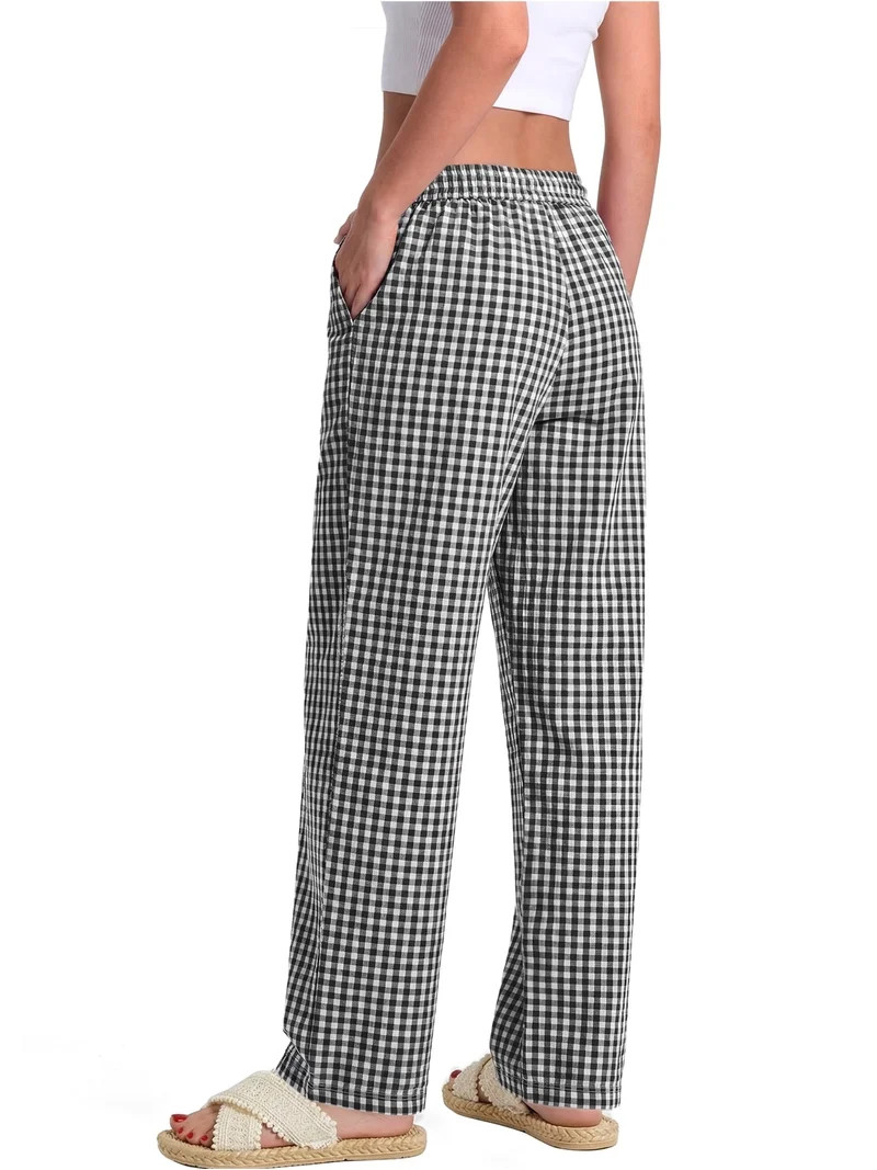 Sundazz Womens Wide Leg Pants Cute Gingham Pants Comfy Drawstring Lounge Pants with Pockets,Black... | Walmart (US)