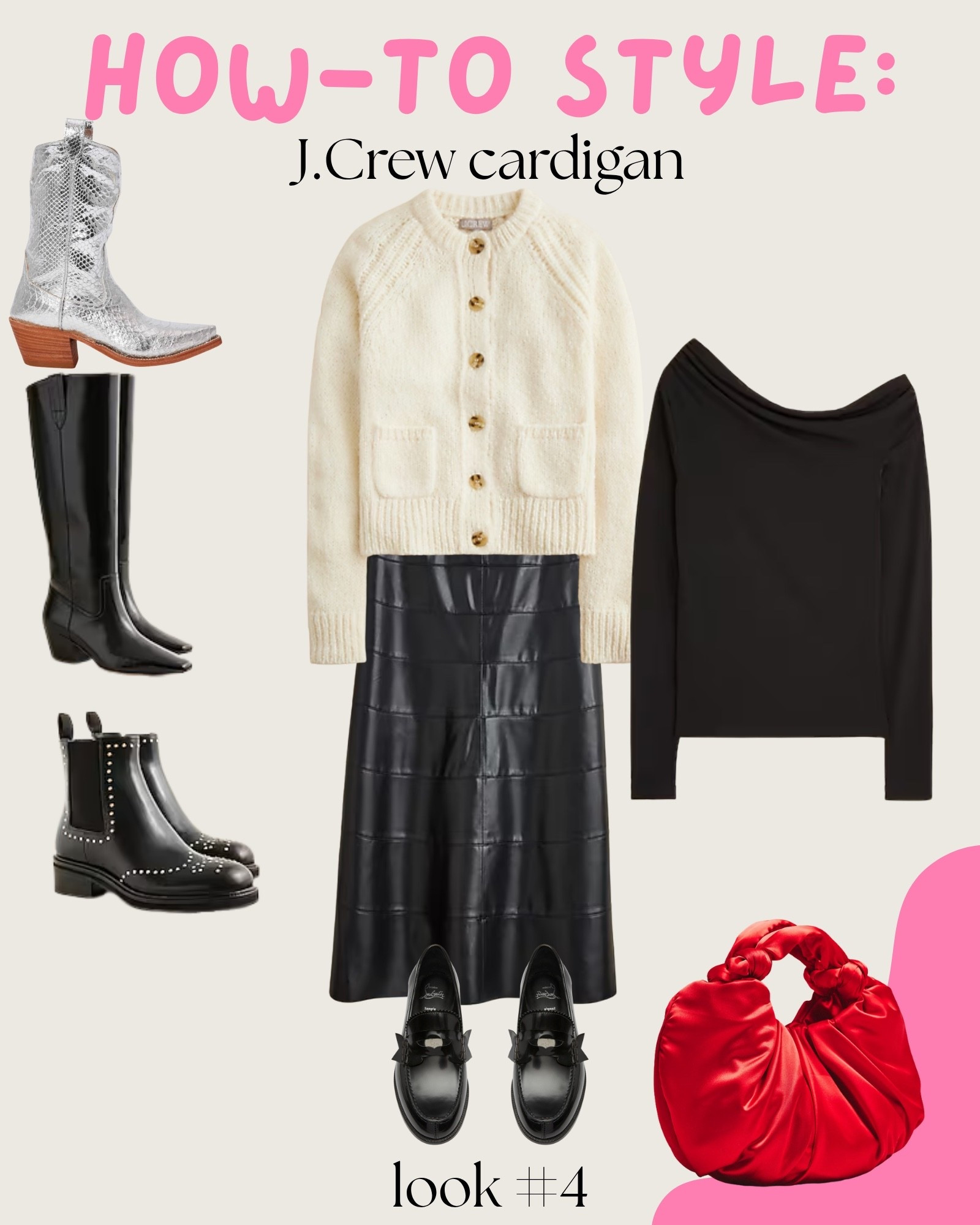 My how-to guide for styling the popular J.Crew Cardigan 🤍 — Look #4

A dressier vibe using closet classics: all-black base + a statement bag 🔥

It’s simple, chic, and perfect for dinner, date nights, or holiday events.

Style formula:
• Black skirt
• Off-the-shoulder moment
• Cozy cardigan layered on top
• Red satin bag for the finishing touch

#LTKFindsUnder100 #LTKSaleAlert #LTKStyleTip