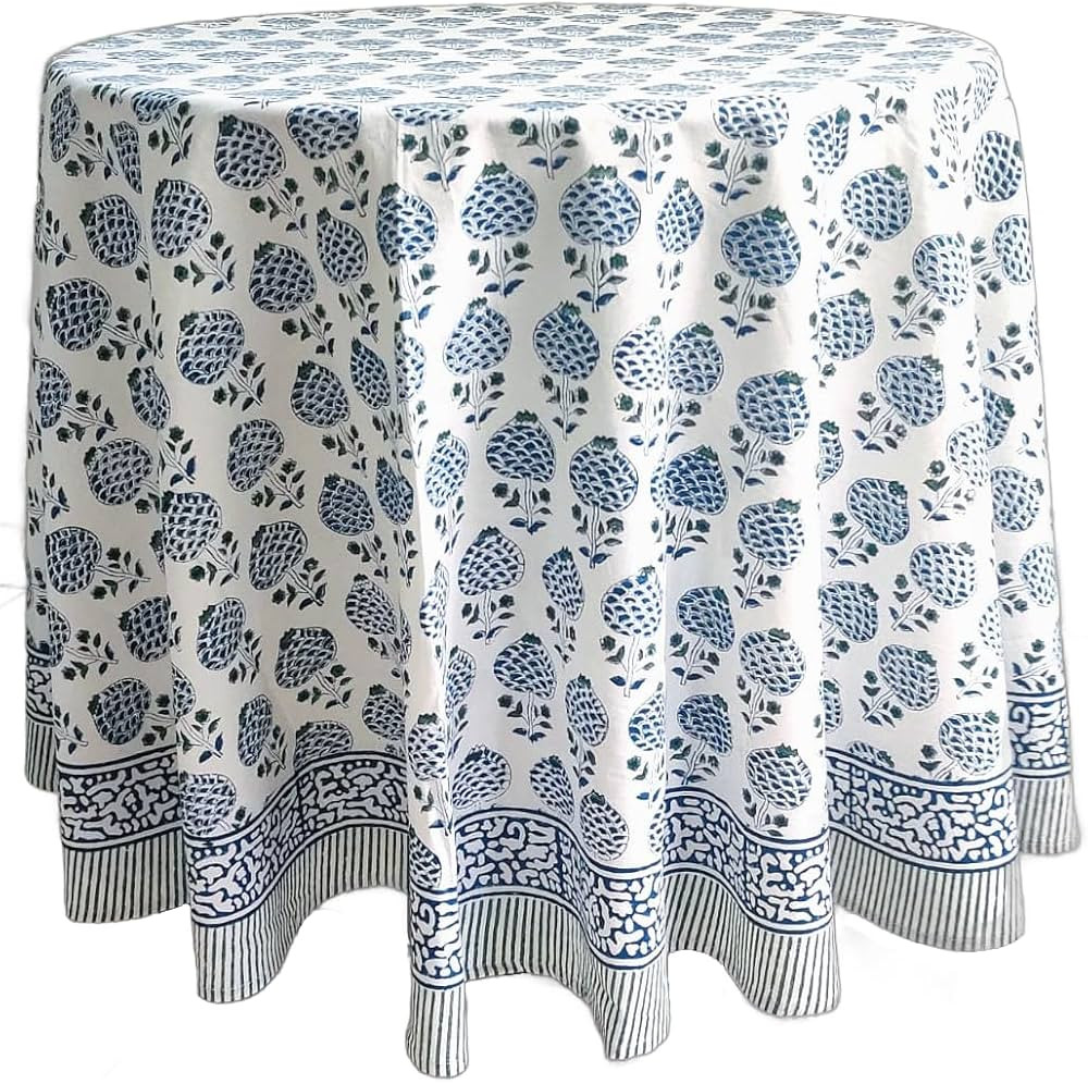 ATOSII Roma Blue 100% Cotton Boho Round Fall Tablecloth, Handblock Floral Print Table Cloth Linen... | Amazon (US)