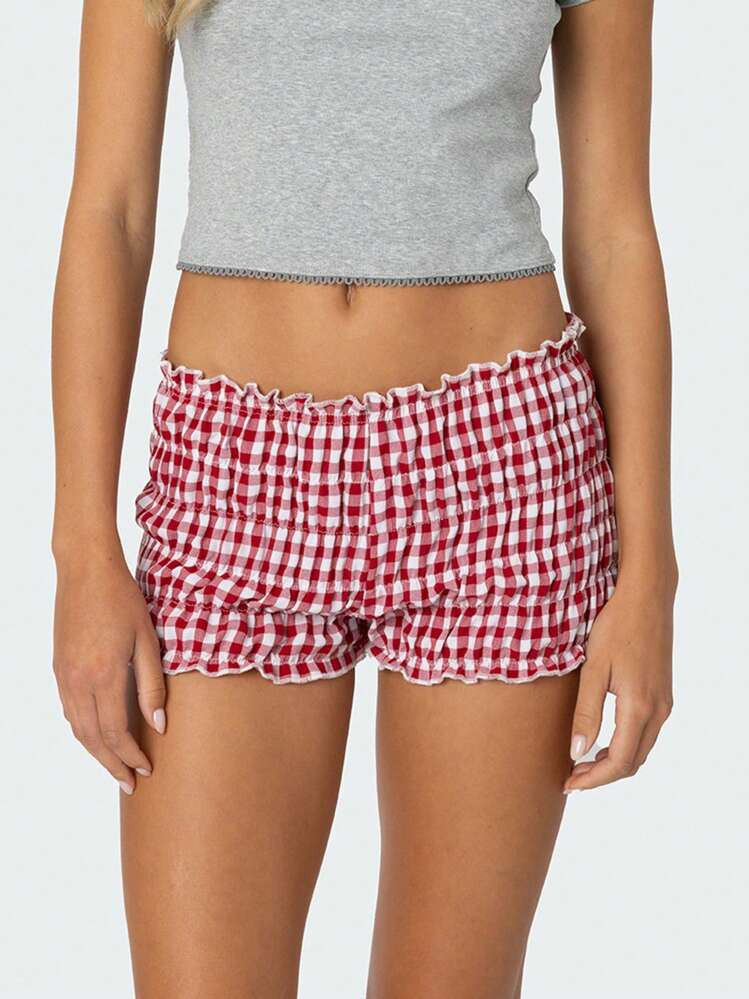 Women Gingham Smocked Boxers Shorts Y2k Tiered Ruffle Ruched Plaid Pajama Micro Shorts Lolita Bloomers Streetwear | SHEIN