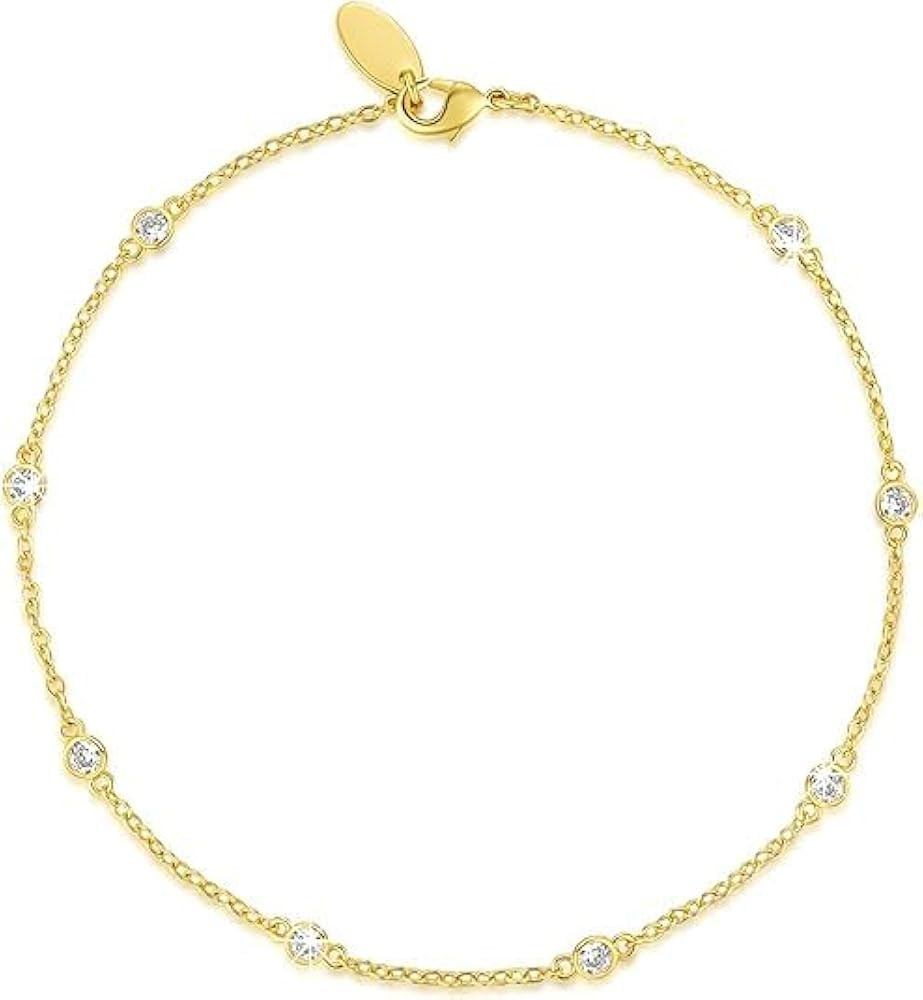 14K Gold Anklets for Women Non Tarnish 1/5 Carat Diamond Ankle Bracelet 14K Gold Ankle Bracelets ... | Amazon (US)