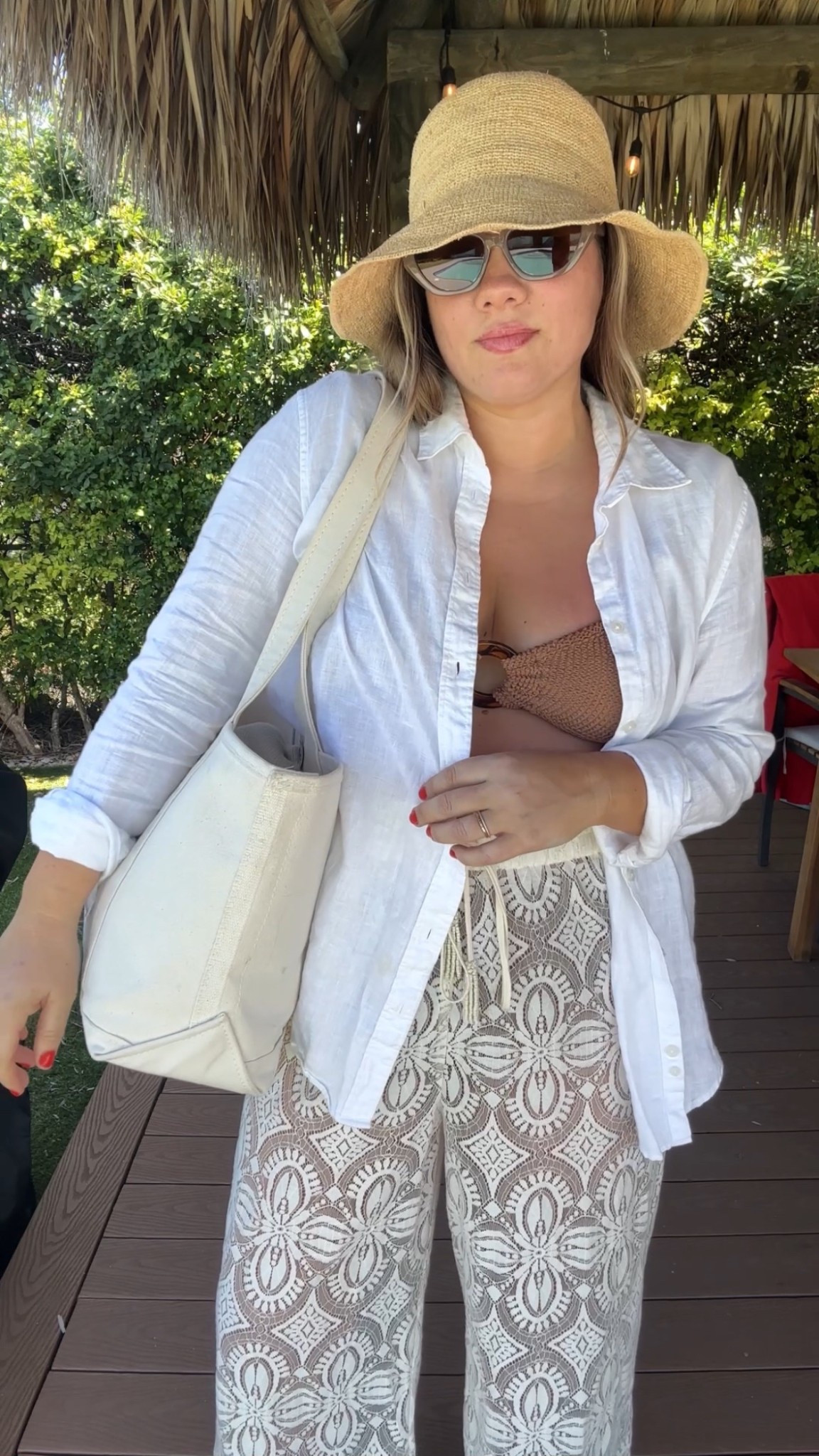 Outfit fit and sizing:

Quince linen ( my fave!) i sized up to large for roomy fit ( i also wear as a shirt with jeans but love as a cover up too!) 

FR pants: im wearing the large . I’d say i could have done medium but safe to go with your larger size too if you’re in between a med and lg like me 

Hunza g really is THAT girl. The durability is unmatched . This is my third hunza g suit and first two piece . Love this one because i can roll it down to get sun on my lower stomach easily but high when im running around after the kids. 

I cut the tie off the hat- its such a good bucket hat . I alternate between my big brim hat and this one for less coverage. 

Summer 
Vacation outfits
Spring break outfit
Farm rio
Cover ups
Linen shirt
Ll bean bag
Bucket hat 
Hunza g swim

#LTKPetite #LTKSeasonal #LTKTravel