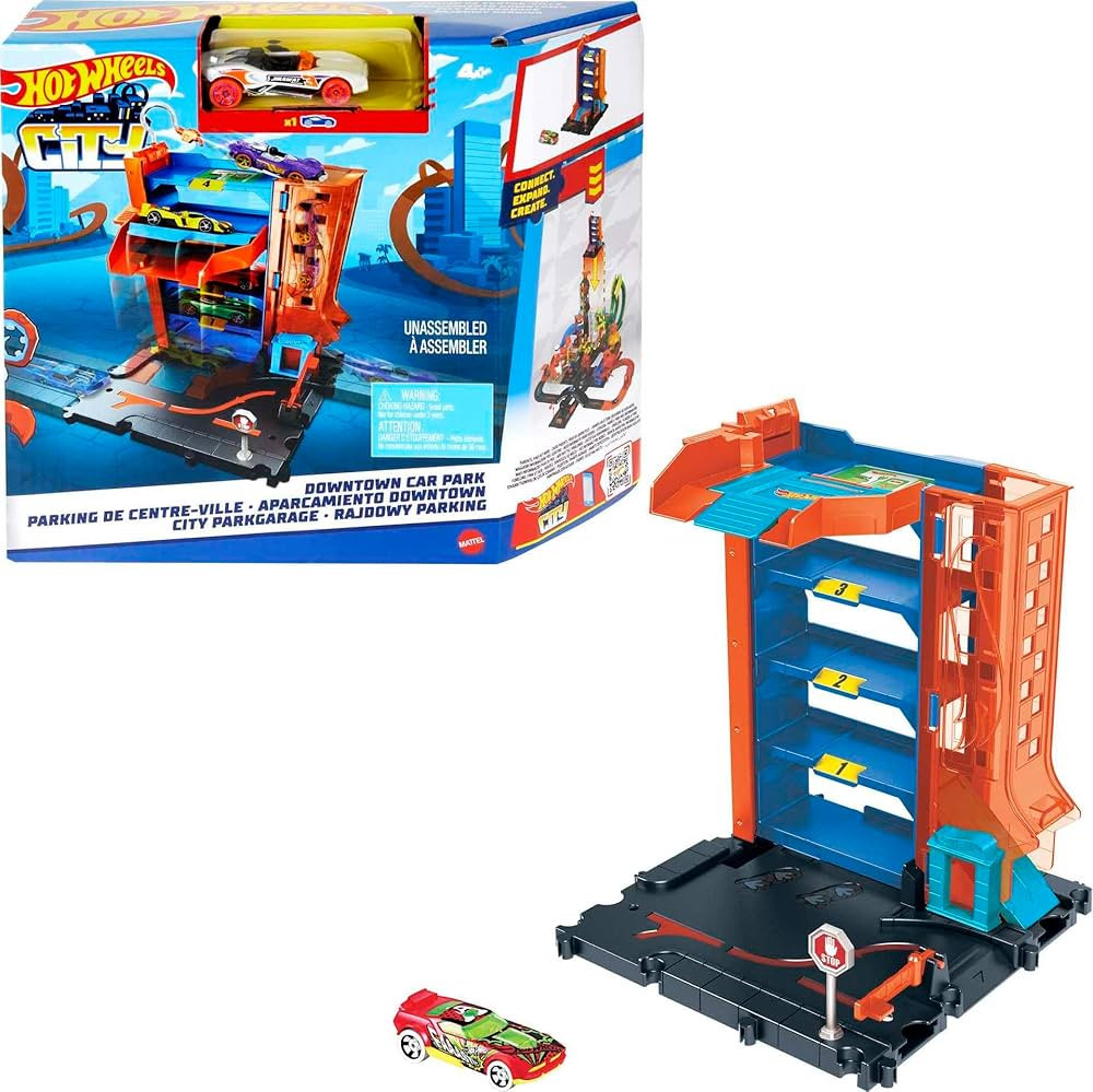Hot Wheels City Toy Car Track Set Downtown Car Park Playset with 1:64 Scale Vehicle, 4 Levels, Wo... | Amazon (US)