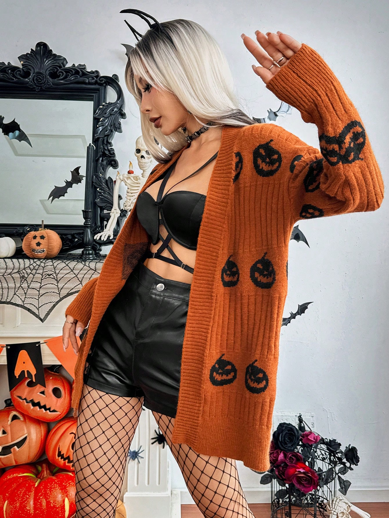 SHEIN Essnce Long Sleeve Casual Pumpkin Pattern Cardigan, Women Halloween Clothes | SHEIN USA | SHEIN