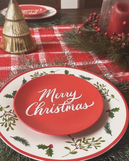 Christmas dinner table decor, dining table holiday decorations, how to decorate dining table for Christmas. Merry Christmas appetizer plate, holly dinner plate. 

#LTKSeasonal #LTKHoliday #LTKhome