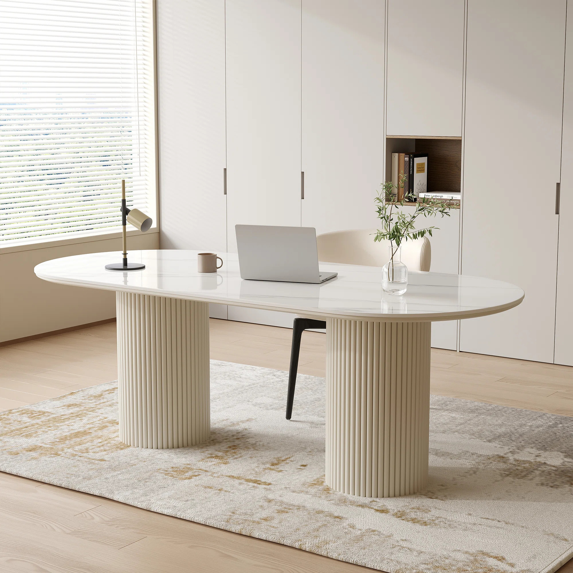 71" Modern Oval Writing Desk,Glossy White Office Table,with Double Solid Wood Legs | Wayfair North America