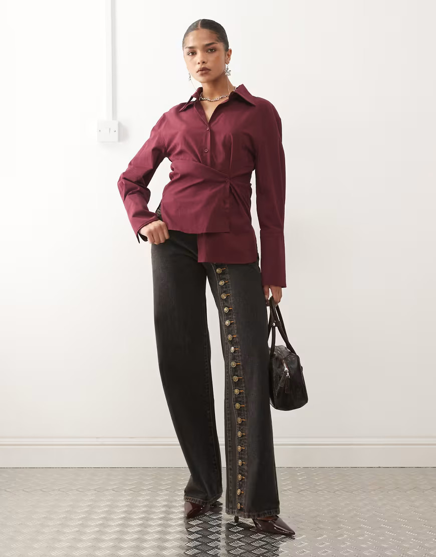 Lioness Penny asymmetric button detail wide leg jeans in onyx-Black | ASOS (Global)