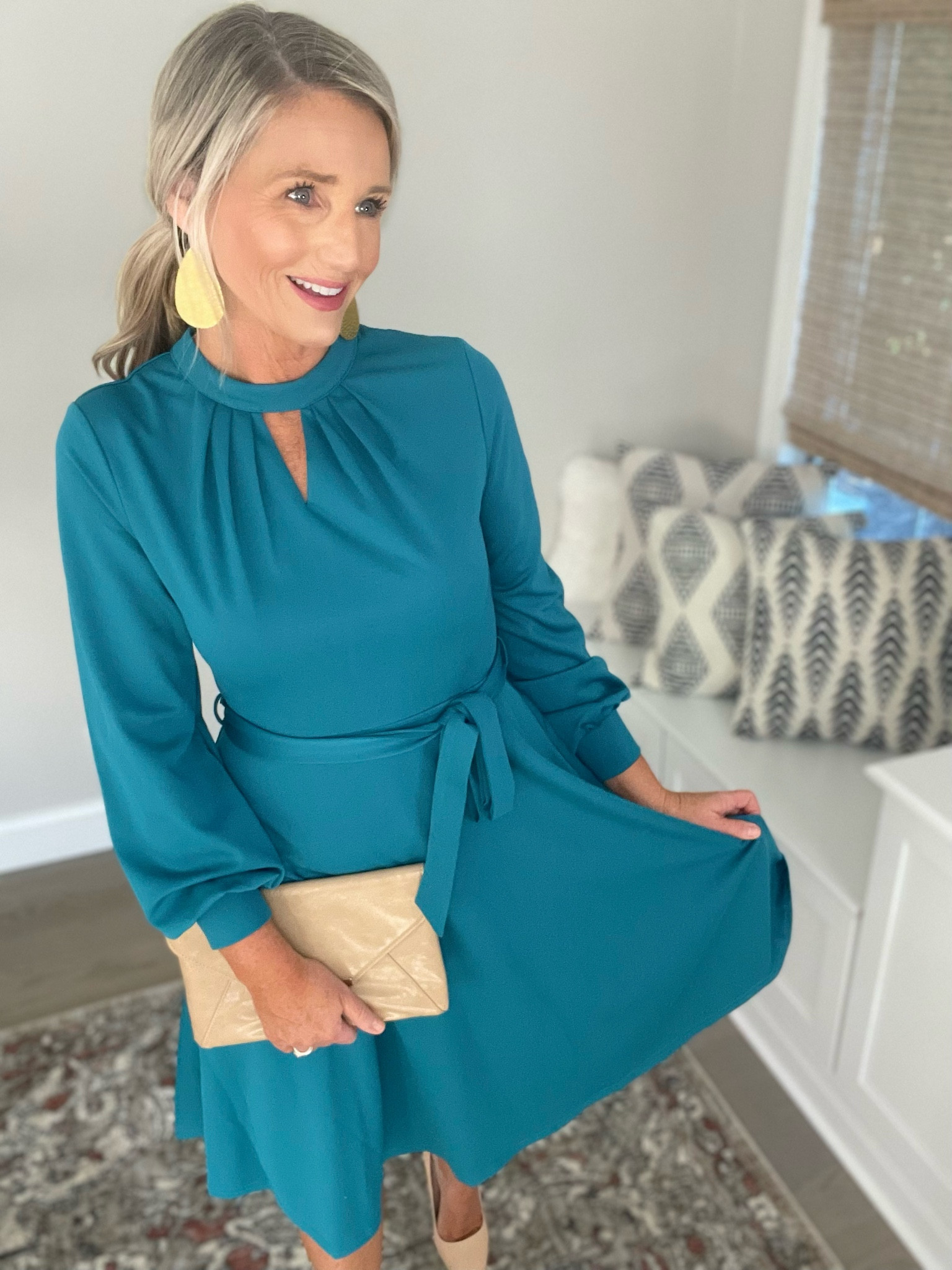 This dress!! It has it ALL 😍 Love the sleeves, belt and peekaboo cut out in front! Fits true to size. Perfect for all the holiday parties! 

#LTKHoliday #LTKsalealert #LTKwedding