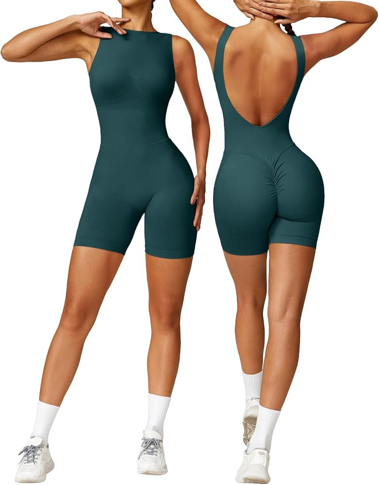 OEAK Scrunch Butt Jumpsuit Shorts for Women 2024 High Neck 5.5'' Booty Lift Short Unitard Backles... | Amazon (US)