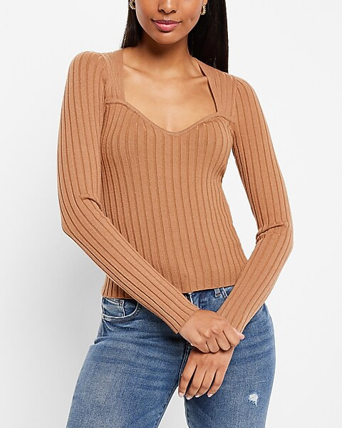 Ribbed Fitted Sweetheart Neckline Sweater | Express