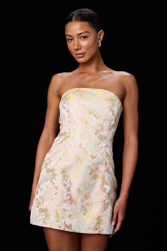 Lonna Blush Multi Floral Jacquard Lace-Up Mini Dress | Lulus