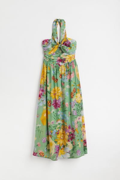 Long, sleeveless, halterneck dress in woven fabric with a printed pattern. Ties to fasten at back... | H&M (US + CA)